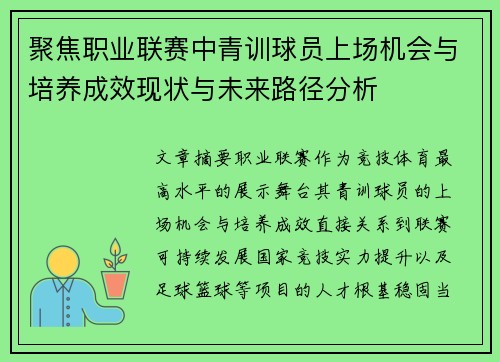 聚焦职业联赛中青训球员上场机会与培养成效现状与未来路径分析